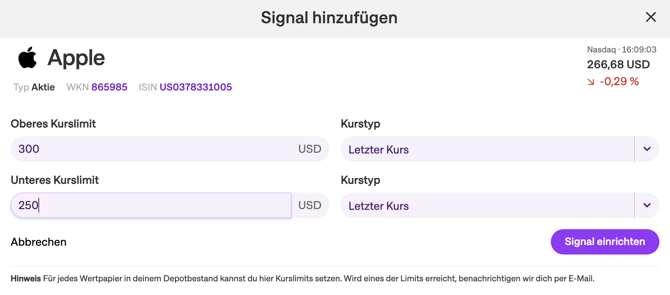 Eingabefenster Signal im MD