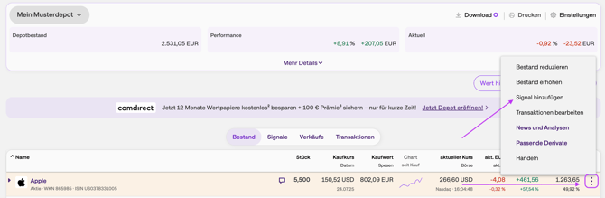 Das Drei-Punkt-Menü und Signal hinzufügen im Musterdepot