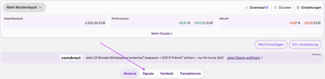 Signale aufrufen im Musterdepot