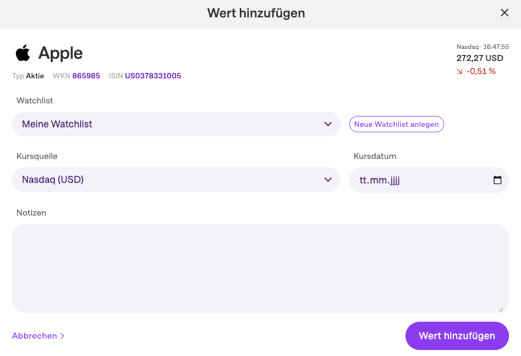 Wert hinzufügen in der Watchlist